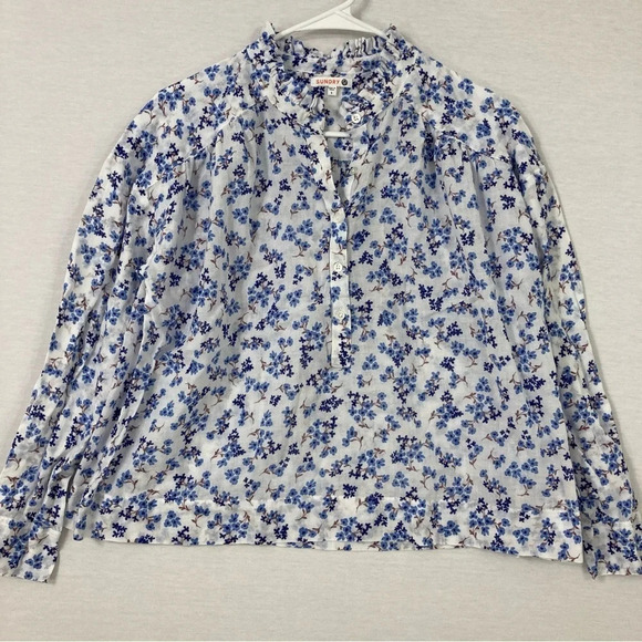 Sundry Blue White Floral Gauzy Ruffle Cotton Popover Blouse size Small - Picture 1 of 10
